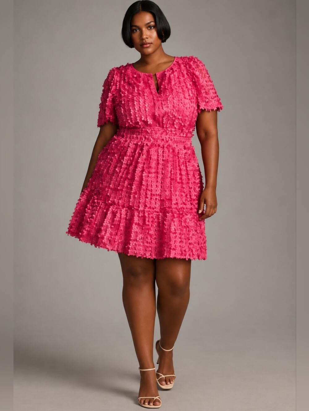 Anthropologie 3D Floral Appliqué Tiered Mini Dress Hot Pink 2X Pockets
